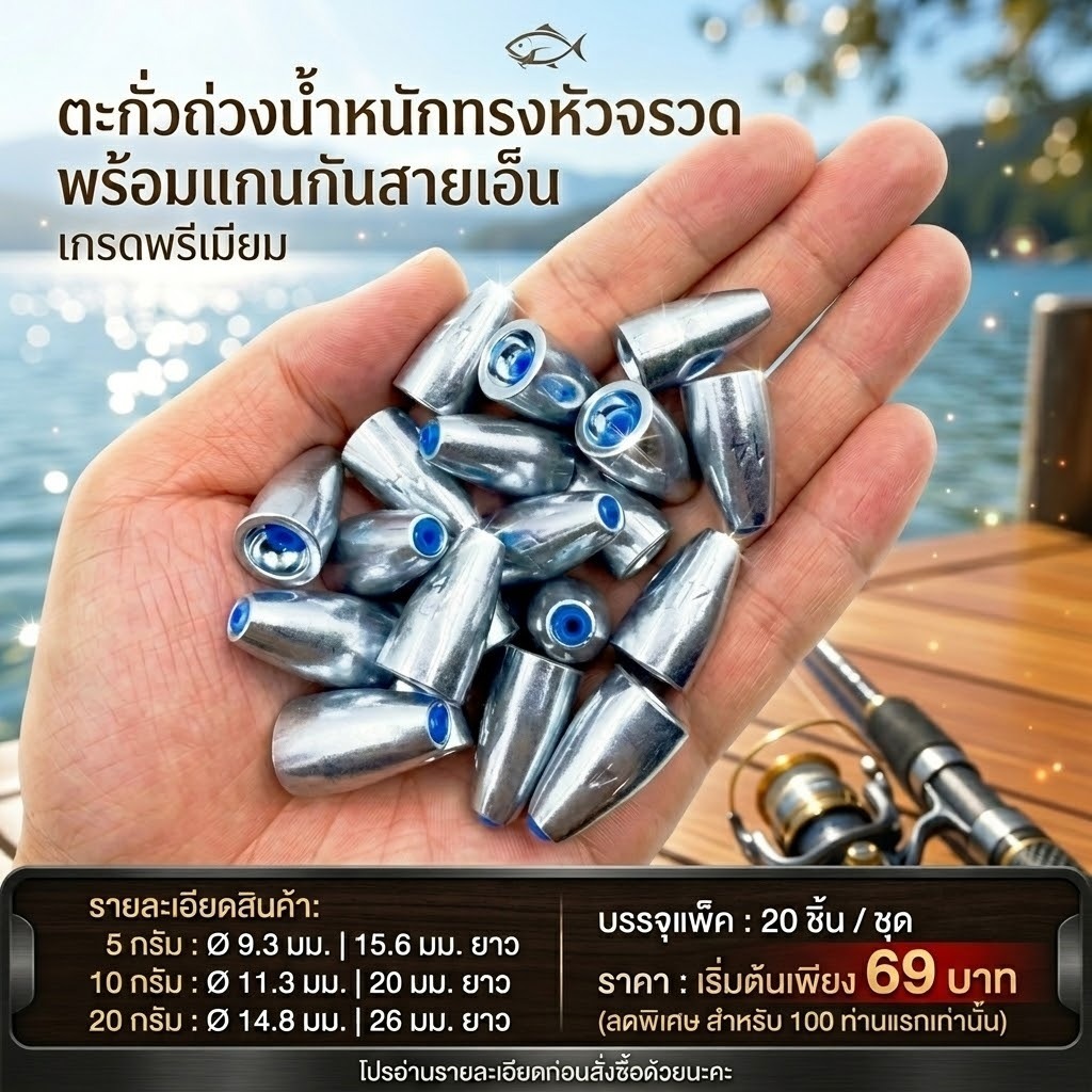 [20ชิ้น] ตะกั่วตกปลา ตะกั่วถ่วงน้ำหนักเบ็ด แกนพลาสติกถนอมเอ็น (พร้อมจัดส่ง)