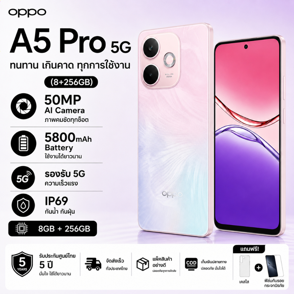 OPPO A5 Pro 5G RAM 8GB ROM 256GB หน้าจอใหญ่ 6.67″ 120Hz แบต 5800mAh กล้อง 50MP กันน้ำ IP68/IP69 มือหนึ่ง