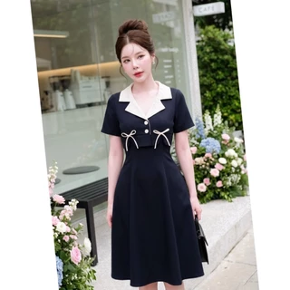 D72 เดรสปกทูโทนแต่งโบว์กระโปรงยาว มีไซส์ S-3XL ความยาว 39-40 นิ้ว
