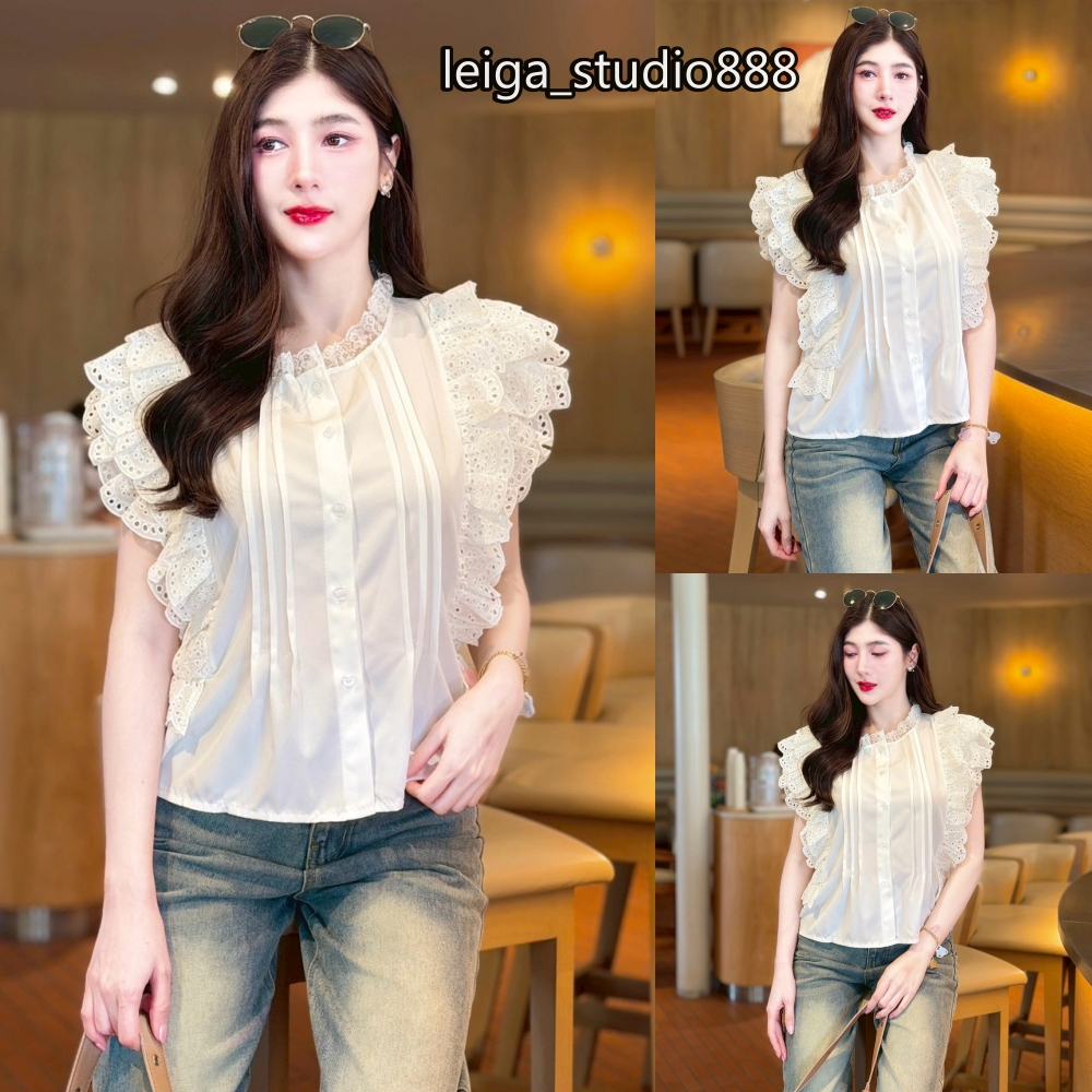 เสื้อแฟชั่น ผ้าไหมอิตาลี แขนแต่งระบายลูกไม้ กระดุมหน้า แต่งจีบหน้า ใส่แมท LG160