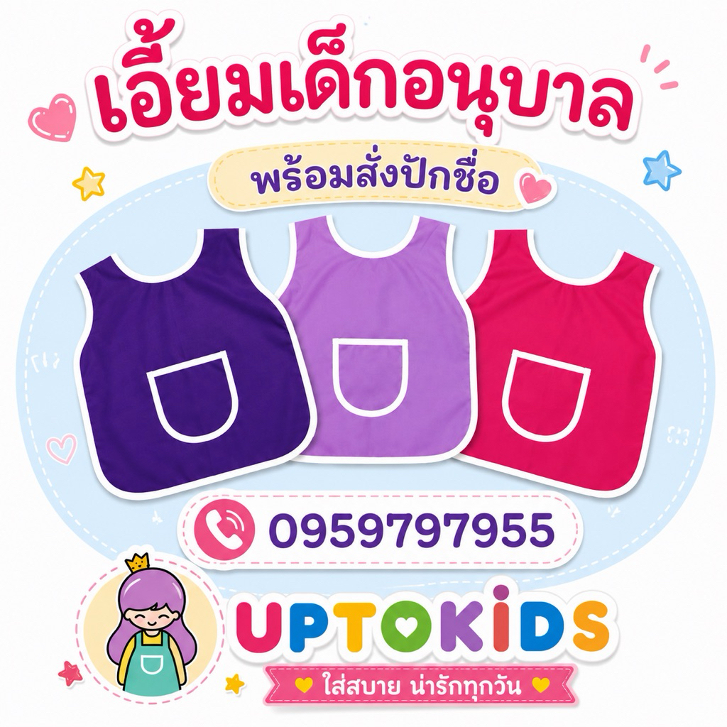 ผ้ากันเปื้อนเด็กอนุบาล สามารถสั่งปักชื่อได้*ร้านมีจักรคอมพิวเตอร์สามารถปักชื่อให้ได้ทันทีค่ะ  เอี้ยมเด็กอนุบาล