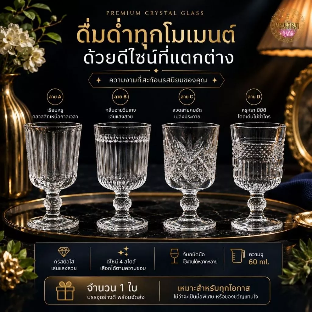 แก้วขา เนื้อแก้วใสไม่ขุ่น ใส่น้ำเครื่องดื่มหรือถวายหิ้งพระ ราคาต่อ 1 ใบ ความจุ 60 ml.