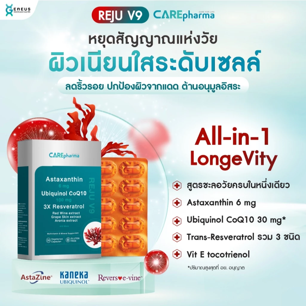 Astaxanthin + Ubiquinol CoQ10 + Resveratrol REJU V9 (รีจู วีไนน์) หยุดสัญญาณแห่งวัย ผิวเนียนใส ชะลอวัยระดับเซลล์