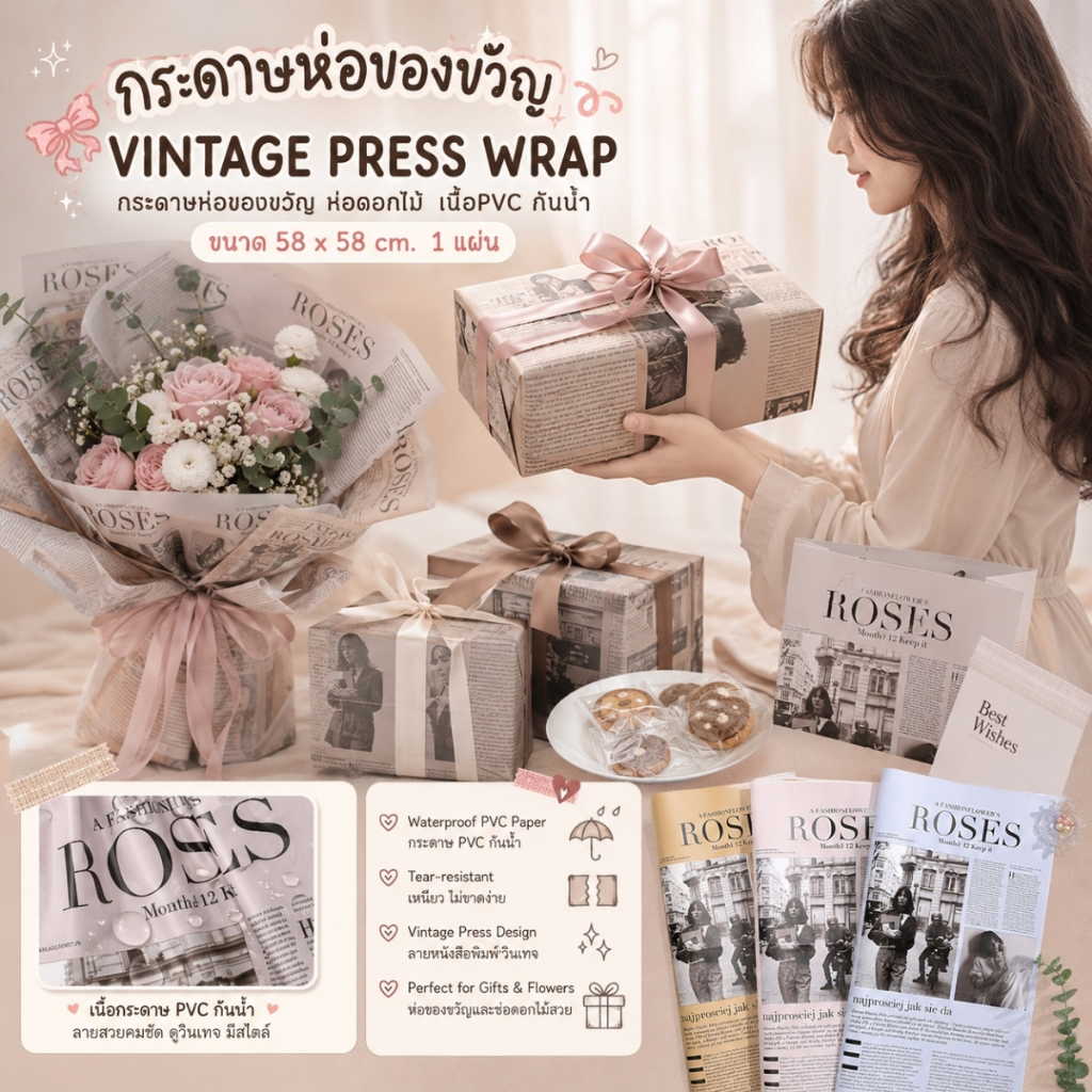 【1 แผ่น】* กระดาษห่อของขวัญ VINTAGE PRESS WRAP กระดาษห่อของขวัญ ห่อดอกไม้ ขนาด 58 x 58 cm. [GW-0027]