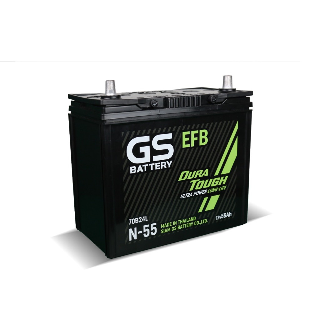 แบตเตอรี่ GS รุ่น N-55 กึ่งแห้ง MF สำหรับรถเก๋ง สตาร์ทง่าย ทนทาน ไม่ต้องดูแลน้ำกลั่น พร้อมส่ง