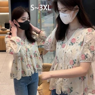 STYLE#เสื้อเชิ้ตแขนยาวผู้หญิง สไตล์เกาหลี สุภาพสตรี หลวม วินเทจ ปักดอกไม้ คอวี เสื้อเบลาส์ รุ่น#99189