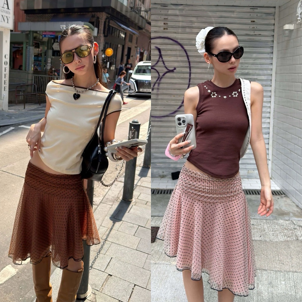 G1013-Maya dot skirt กระโปรงเอวต่ำ เฉียงจีบเอว ผ้า2ชั้น glamorg