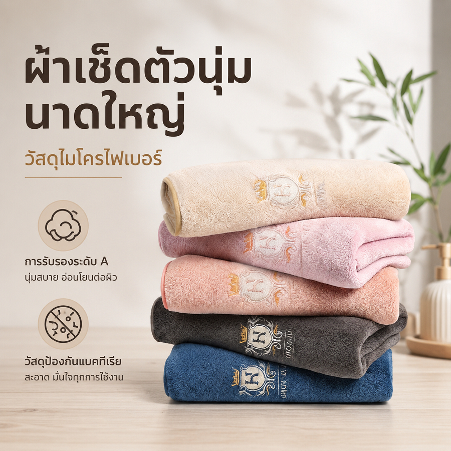 ผ้าเช็ดตัวปักลาย ผ้าขนหนู ผืนใหญ่ 70x140 ซม. ป้องกันเชื้อแบคทีเรีย เนื้อนุ่ม ซับน้ำดี แห้งเร็ว ดีไซน์สวย ใช้งานได้จริง