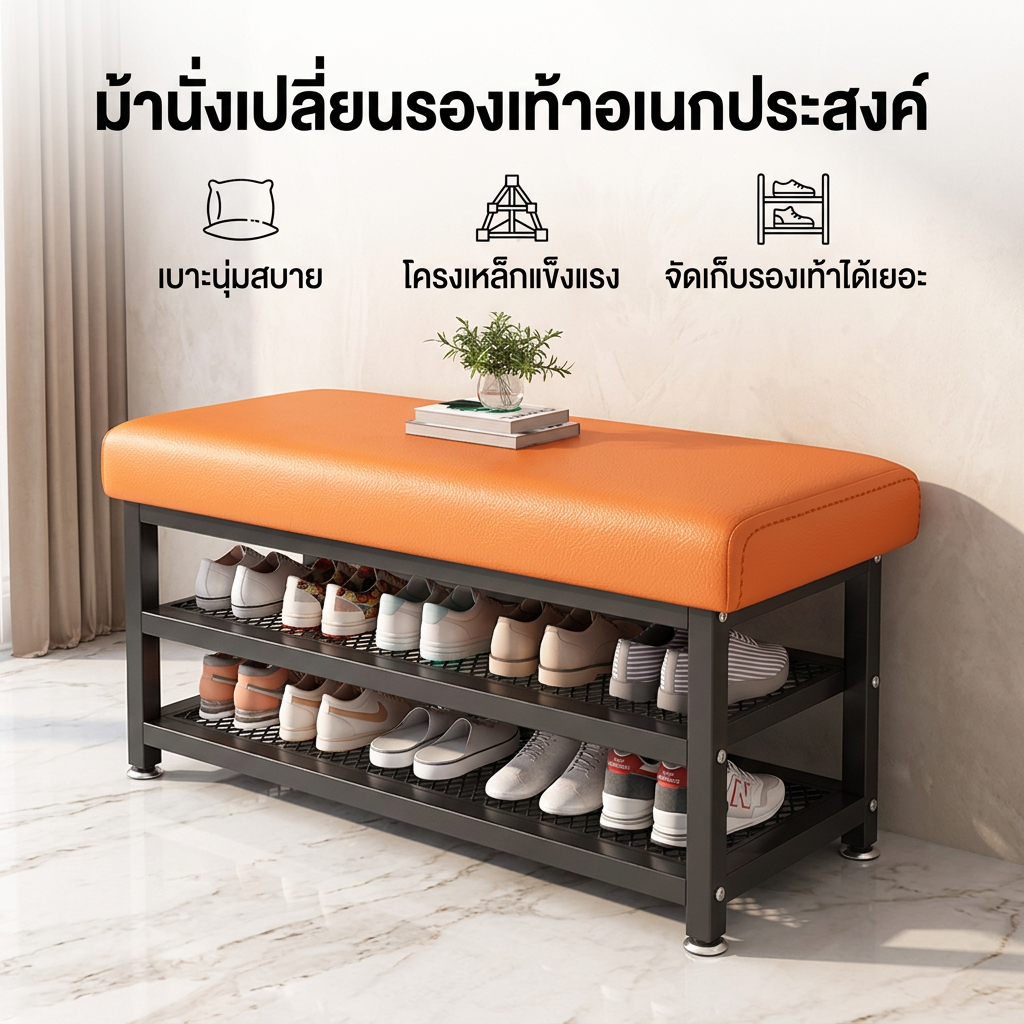 ชั้นวางรองเท้าพร้อมเบาะนั่ง ชั้นวางรองเท้า 2 ชั้น ตู้วางรองเท้า ที่วางรองเท้า เก้าอี้เปลี่ยนรองเท้าในตัว ประหยัดพื้นที่