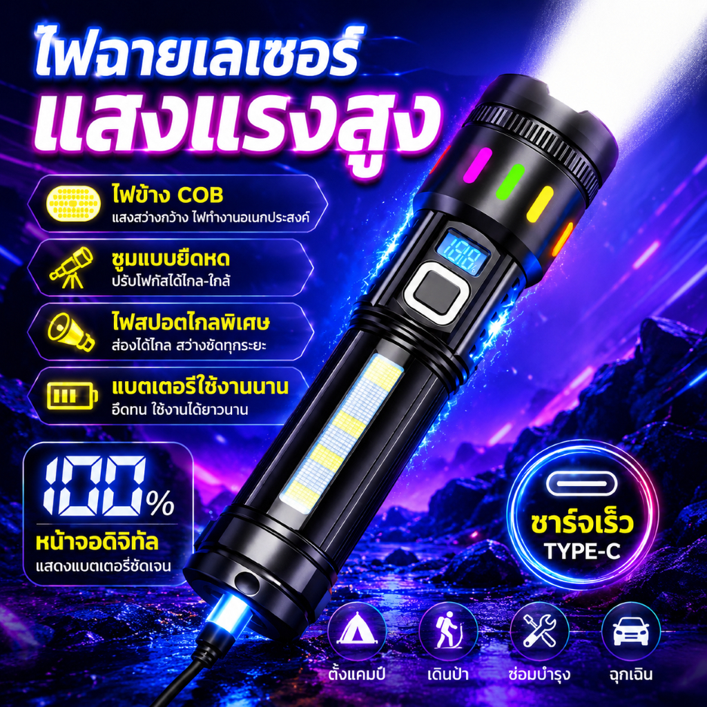 Nexbeam L-43 ไฟฉาย แบตเตอรี่ลิเธียม 18650 ชาร์จ Type-C 600LM โหมดกระพริบสีแดง/น้ำเงิน ระบบซูม 3 โหมด