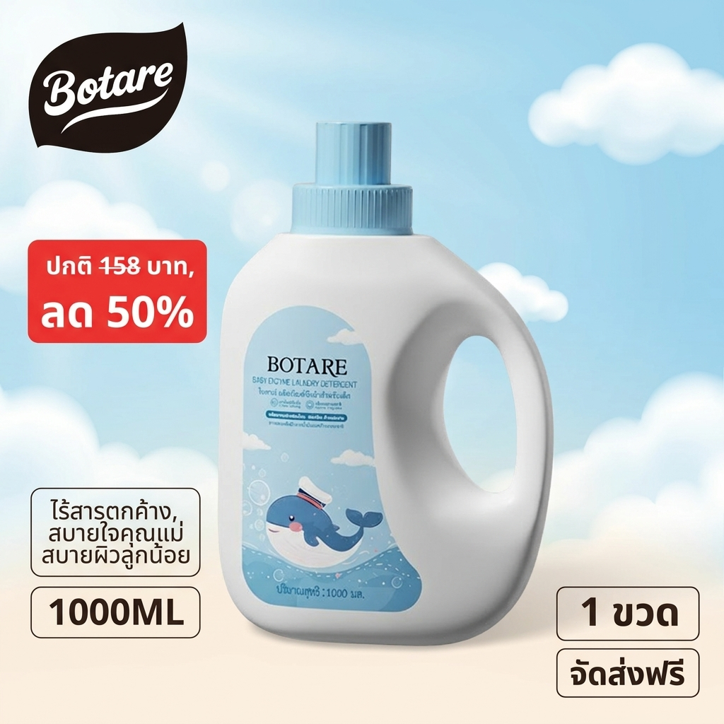 【1000ml】Botare น้ำยาซักผ้าเด็ก สูตรเข้มข้น ขจัดคราบซับซ่า 10+ ชนิด ผ่านการทดสอบภูมิแพ้ ปลอดภัยไร้กังวล