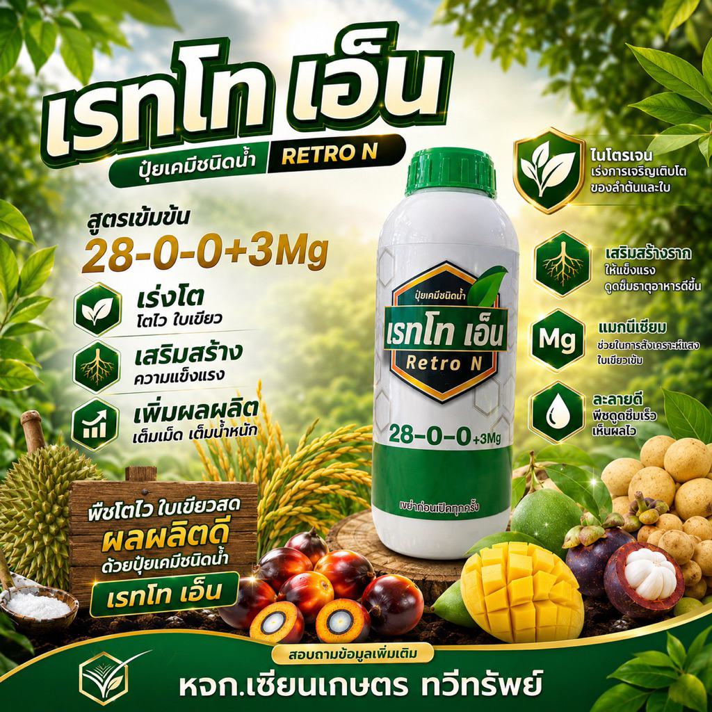 เรทโทเอ็น  28-0-0 ขนาด 1 ลิตร ช่วยเพิ่มการเจริญเติบโตทางลำต้นและใบ