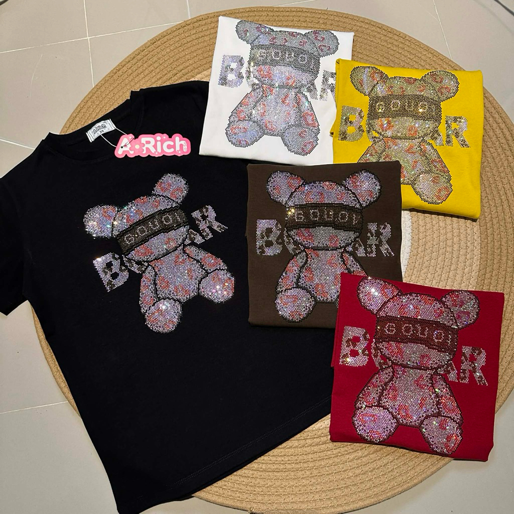 เสื้อยืดรีดเพชรลายหมีผ้ายูนิโคล่หนานุ่มเด้ง