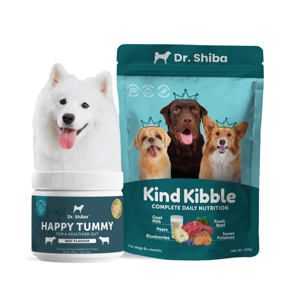 Dr.Shiba Happy Tummy และ Kind kibble แพ็คคู่ ขนมสุนัข รสเนื้อ/เป็ด/แซลมอน  250 กรัม และ อาหารสุนัข Kind kibble 500 กรัม