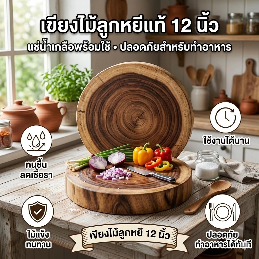 เขียงไม้ลูกหยี ขนาดเส้นผ่าศูนย์กลาง 12 นิ้ว ทนความชื้นได้ดี ลดปัญหาเชื้อรา ไม่เป็นขุย ใช้งานได้เรียบเนียน
