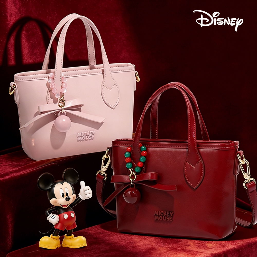 Disney แท้ กระเป๋าถือสะพายข้าง Mickey Mouse งานพรีเมียม สีแดงไวน์/สีชมพูหวาน ตกแต่งโบว์ ลูกปัดน่ารัก เหมาะเป็นของขวัญ