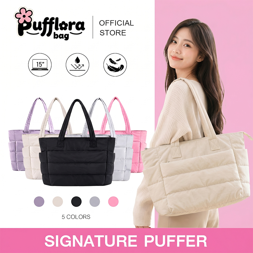 Pufflora กระเป๋าสะพายข้าง กระเป๋าถือ กระเป๋าโน้ตบุ๊ค รุ่น Signature Puffer ใบใหญ่ ช่องเก็บของหลายช่อง ใส่Laptop/iPadได้