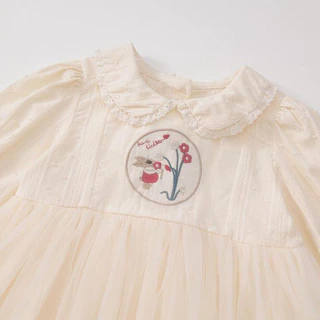 Hania kids พร้อมส่ง เดรสครีมเด็กผู้หญิง ลายปักดอกไม้ ใส่นุ่มสบาย K5135587