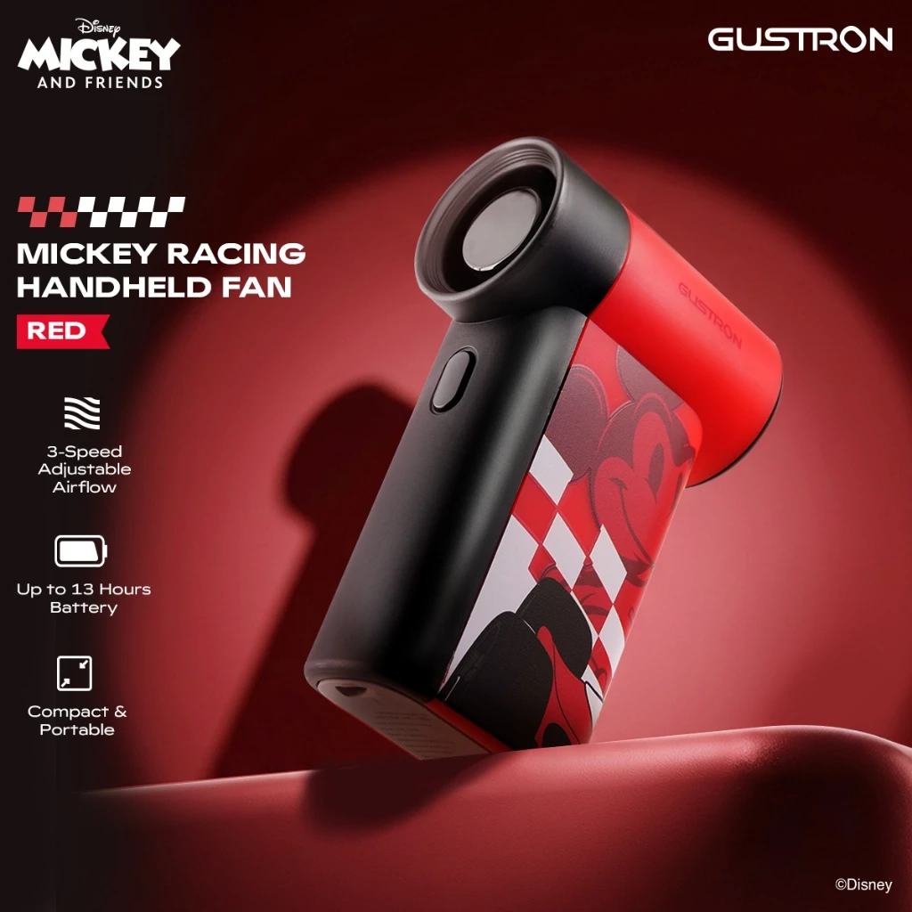 [ลิขสิทธิ์แท้] Gustron x Mickey Racing Portable Handheld Fan - Red พัดลมพกพาดีไซน์กะทัดรัด ปรับแรงลมได้ 3 ระดับ มีจอแสดง