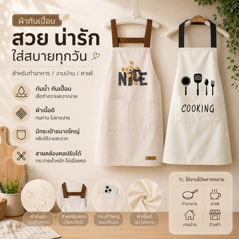 ส่งด่วน ผ้ากันเปื้อน กันน้ำ กันน้ำมัน สไตล์มินิมอล ลายหมี NICE & ลาย COOKING 👩‍🍳 มีกระเป๋าหน้า ใส่สบาย
