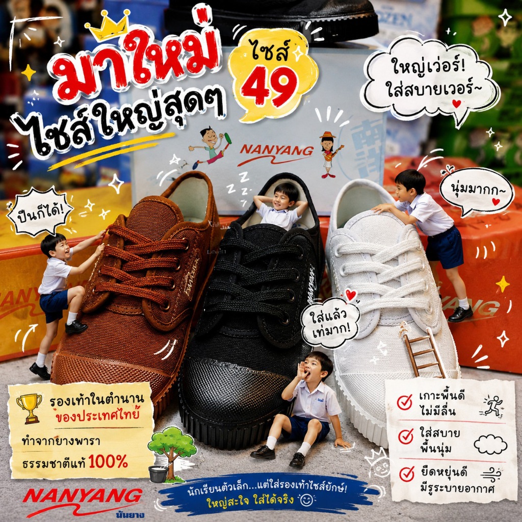 รองเท้านักเรียน ผ้าใบ นันยาง NANYANG รุ่น 205-S รหัส NY-W สีขาว / NY-A สีดำ / NY-B สีน้ำตาล