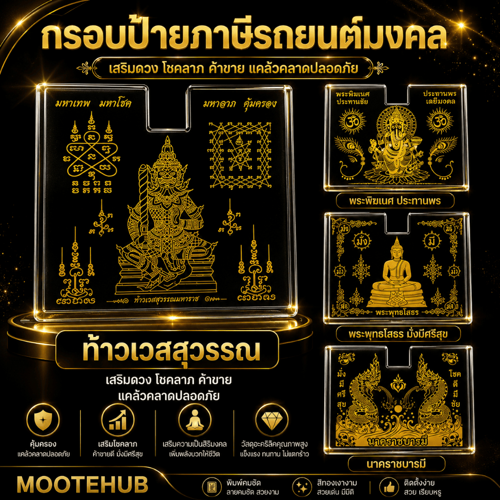 กรอบป้าย พรบ.ภาษีรถยนต์ อะคริลิคใส ลายมงคล สีดำลายทอง มีหลายแบบ