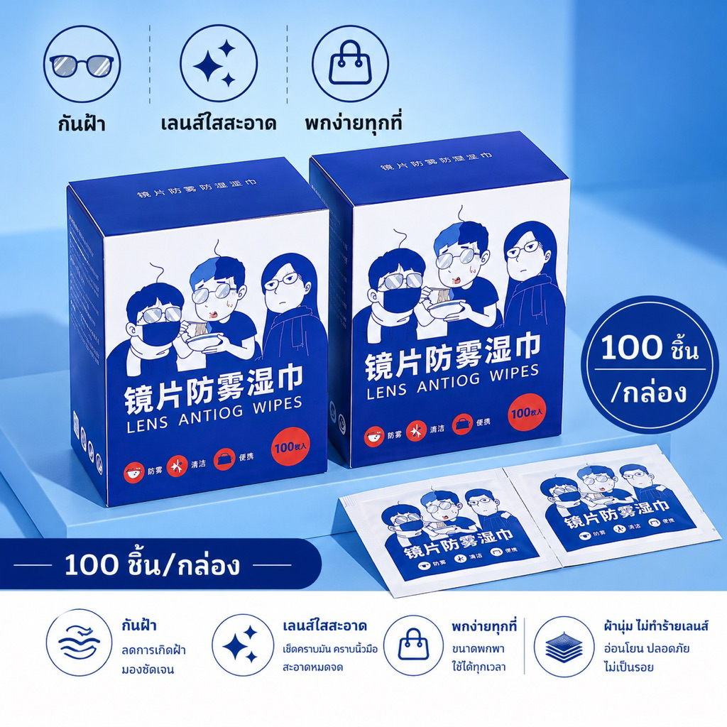 ผ้าเช็ดเลนส์กันฝ้า กันไอน้ำ 1 กล่อง ผ้าเช็ดแว่น