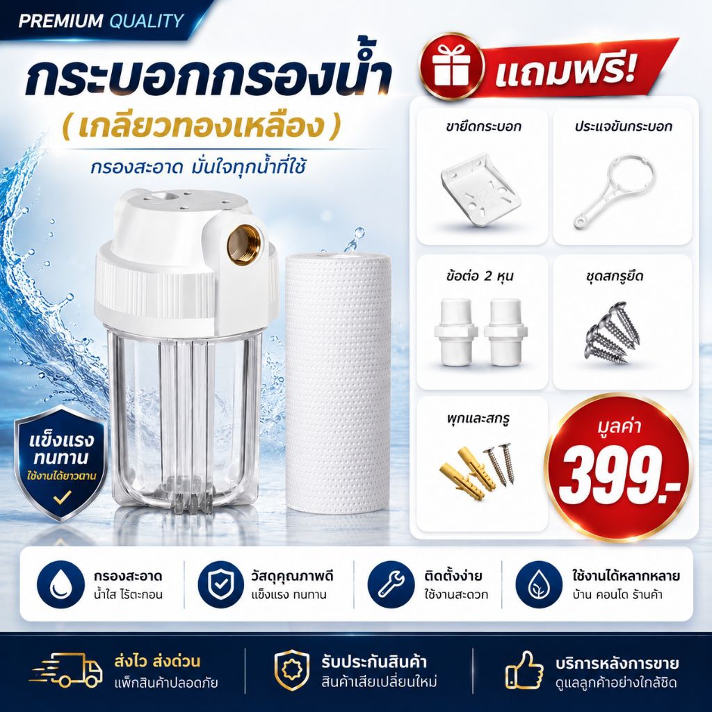 กระบอกกรองน้ำ เฮ้าซิ่ง Housing 5 นิ้ว พร้อมไส้กรอง PP 1 ไส้  ใช้งานได้หลากหลาย เพื่อกรองน้ำให้สะอาด