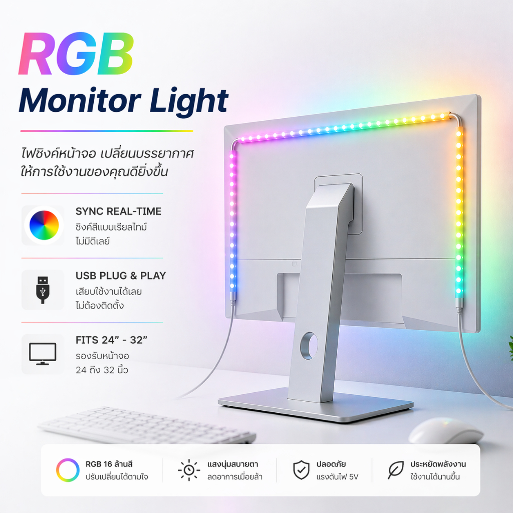 แถบไฟ LED RGB ติดหลังจอคอม USB ไฟซิงค์หน้าจอ ใช้งานง่าย รองรับ Windows/Mac