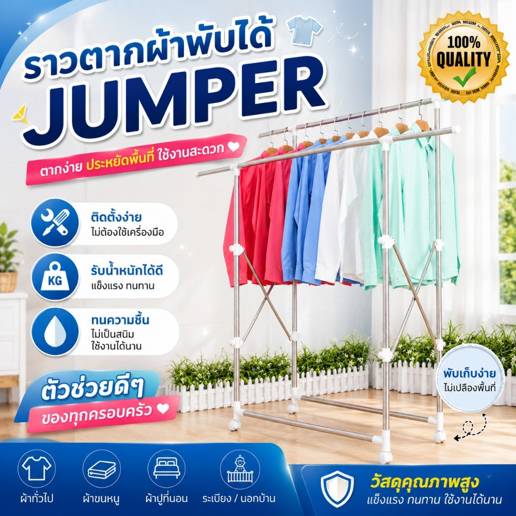 Jumper ราวตากผ้าสแตนเลส พับได้ ยืดขยายได้ ตากได้ 2-3 ราวใหญ่ มีล้อ ไม่แถมไม้แขวนเสื้อ