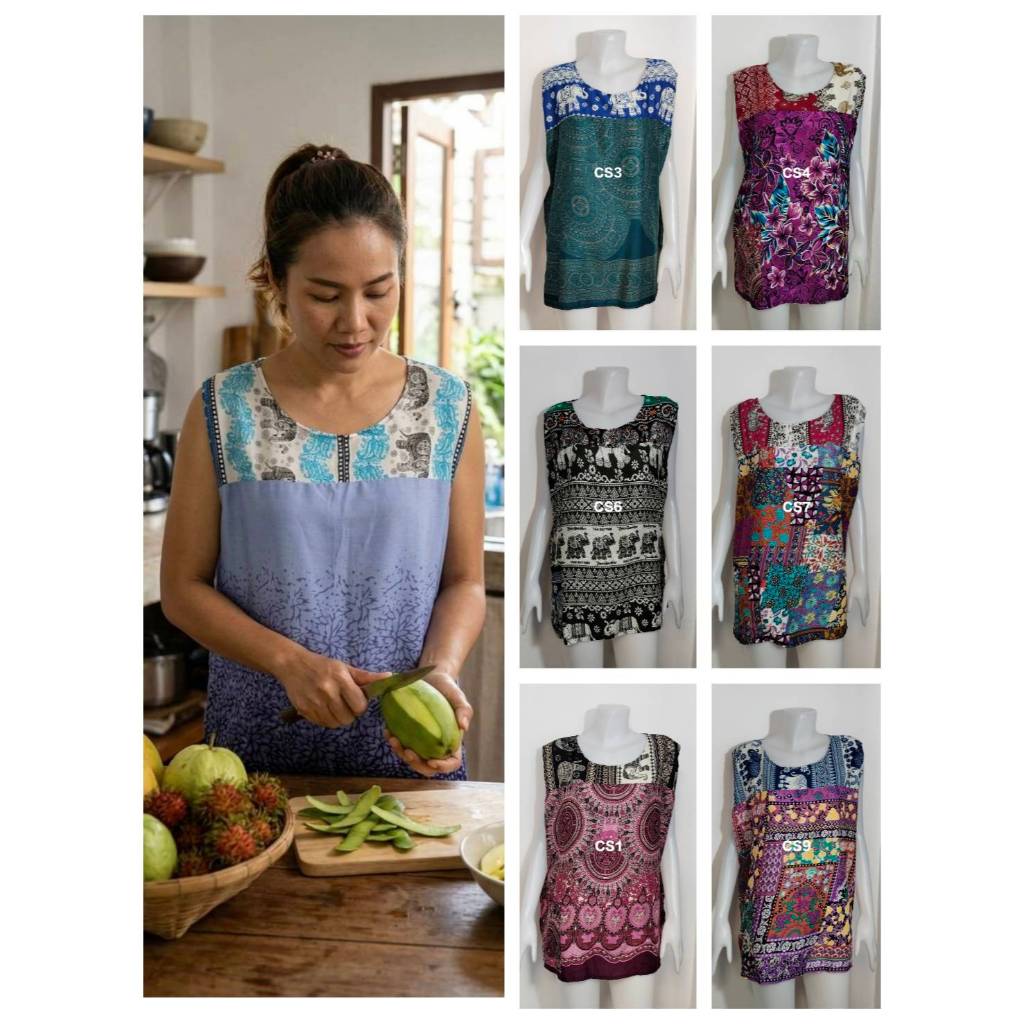เสื้อแขนกุด สาวอวบอ้วน อก 48 50 นิ้ว ผ้าสปัน เสื้อแม่บ้าน มีกระเป๋า 1 ข้าง เสื้อใส่อยู่บ้าน ใส่นอน ไซส์ใหญ่ ใส่สบาย