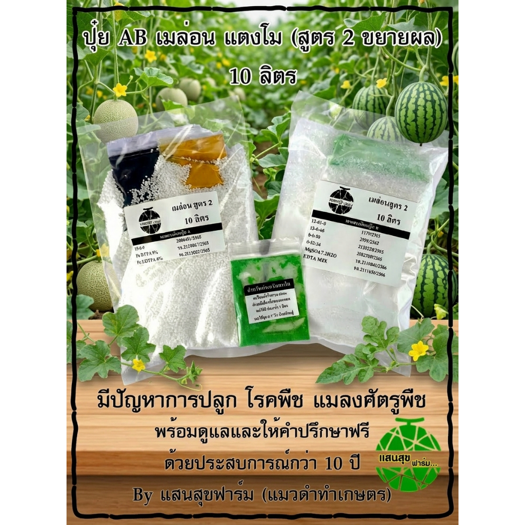 ปุ๋ย AB เมล่อน แตงโม แตงกวาญี่ปุ่น สูตร 2 (ขยายผล) 1 ชุด ใช้ขยายผลช่วง 35-70 วัน 1 ชุดใช้ได้จำนวน  2
