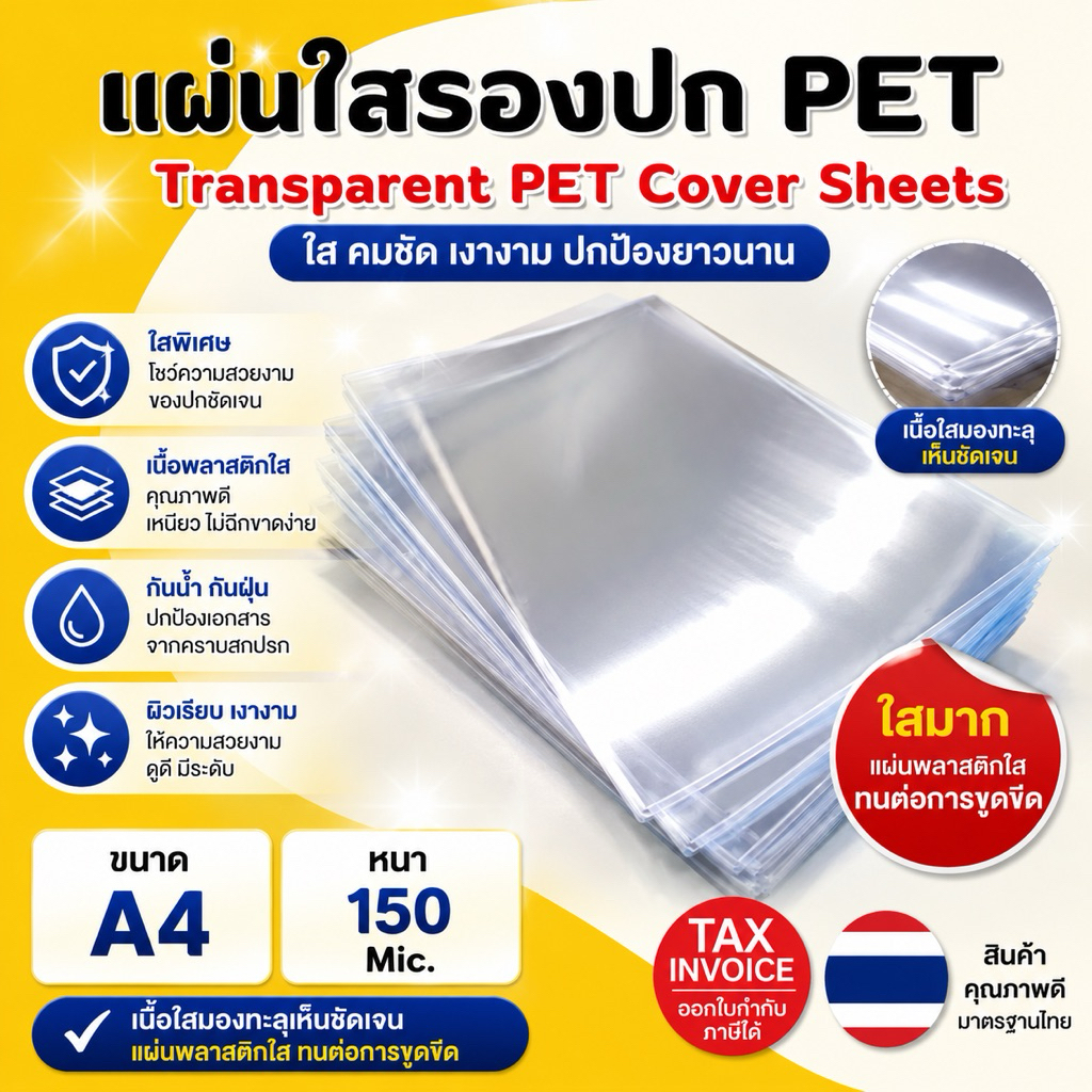 [มีส่งด่วน] แผ่นใส หน้าปกพลาสติก PET (100 แผ่น,50แผ่น) ขนาด A4 (210 x 297 มม.) หนา 150 ไมครอน