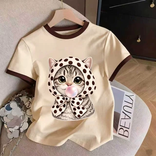เสื้อยืดสไตล์เกาหลี ลายน้องหมาใส่แว่น สีเบจแต่งขอบน้ำตาล ทรงสวย แมทช์ง่าย เท่ๆ