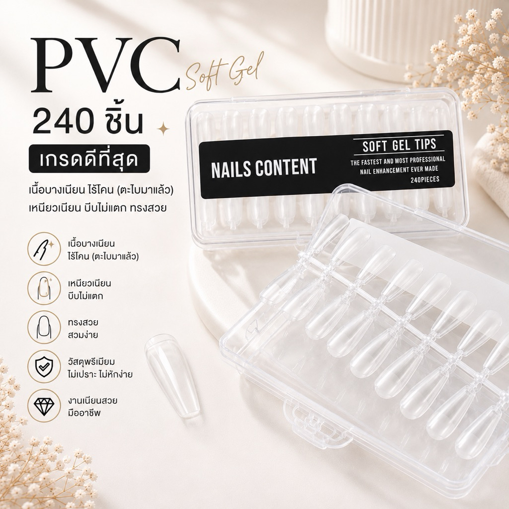 PVC เจลลี่เนื้อ soft gel Nails content ปริมาณ 240 ชิ้น เกรดดีที่สุด เนื้อบางเนียน ไร้โคน (ตะไบมาแล้ว) เหนียวเนียน บีบไม่