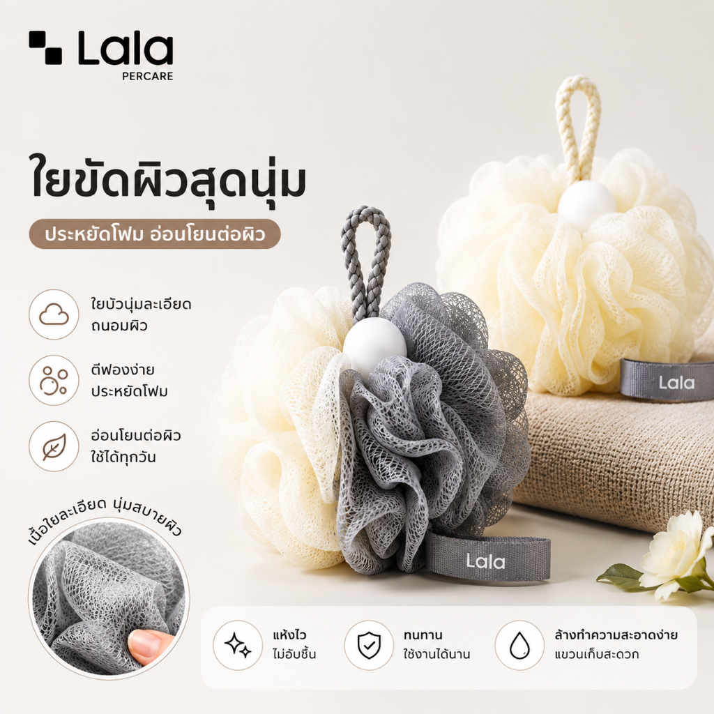 LALAPERCARE ใยอาบน้ำฟองนุ่ม สไตล์มินิมอล ตีฟองง่าย อ่อนโยนต่อผิว ใช้ได้ทุกเพศทุกวัย แห้งไว จับถนัดมือ ใช้ได้นาน