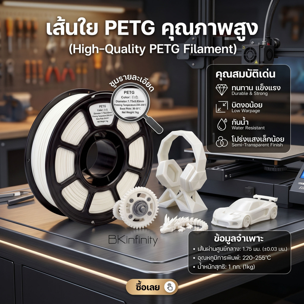 เส้น 3D Printer PETG 1kg เหนียว ทนทาน พิมพ์ง่าย ไร้กังวลเรื่องเส้นติดขัด PETG Filament พร้อมส่ง!