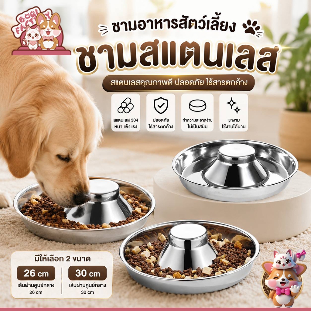 Boqi Factory ชามสุนัขสแตนเลสล้างทําความสะอาดได้ ชามอาหารสัตว์เลี้ยง สุนัข หมา แมว ถ้วยอาหารหมา Steelslow