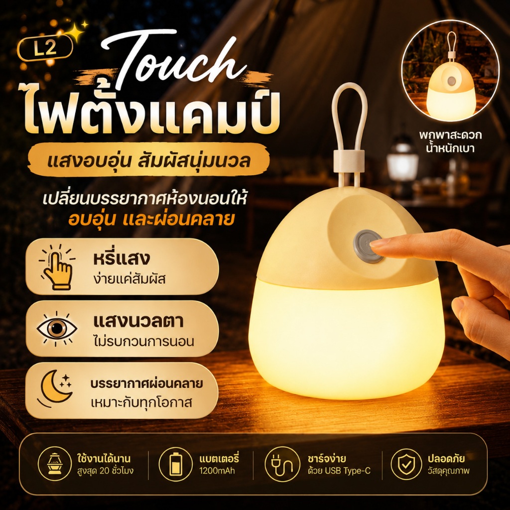 โคมไฟเต็นท์ชาร์จไฟกลางแจ้ง โคมไฟส่องสว่างแบบอ้วน แบตอายุยาวพกพาสะดวก โคมไฟแคมป์ปิ้ง โคมไฟกันน้ำ มีตะขอแขวน