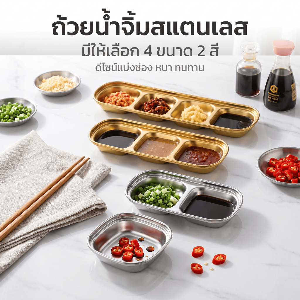 ถ้วยน้ำจิ้มสแตนเลส304 ยาวเรียว แบ่งช่อง2/3/4ช่อง มีเงิน/ทอง ไม่ให้รสชาติผสมกัน ใช้ได้ทั้งบ้านและร้าน