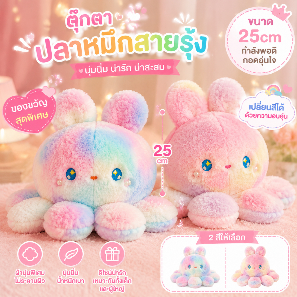 พลิกปลาหมึกสองด้านน่ารักตุ๊กตาไล่ระดับสีโยนหมอนสาวพลิกตุ๊กตาปลาหมึกพลิกของเล่นตุ๊กตาปลาหมึก