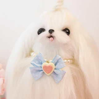 PEKO PET&CAT [PC044] ปลอกคอไข่มุก พร้อมจี้รูปหัวใจและโบว์ผ้าสีพาสเทล ปลอกคอสุนัข ปลอกคอแมว