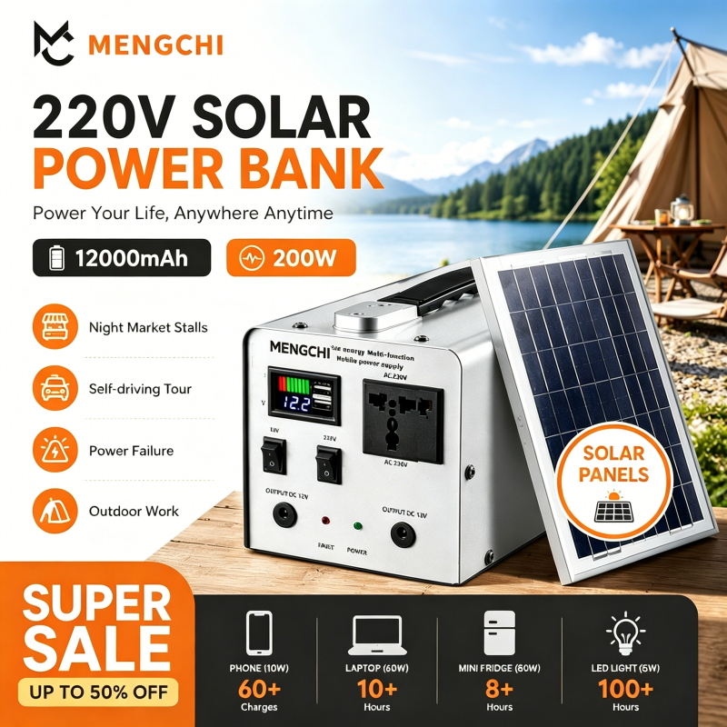 MENGCHI Power Station แคมป์ปิ้ง เครื่องพลังงานแสงอาทิตย์ 200W 12000MAH แบตสำรองสำหรับแคมป์ปิ้ง ไฟโซล