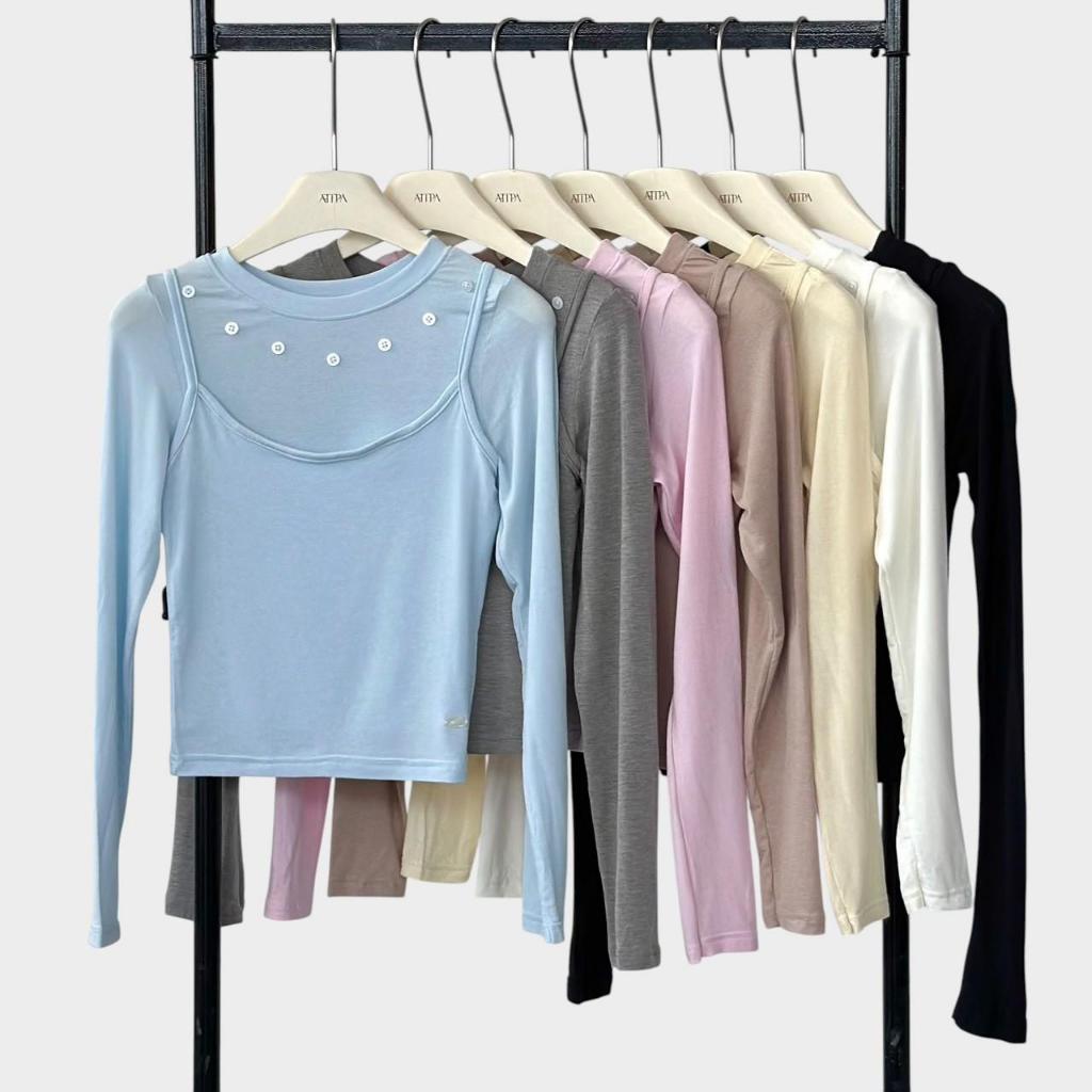 Atipashop - Comfy Layer Top - เซ็ต 2 ชิ้น เสื้อสายเดี่ยว+เสื้อแขนยาว ดีเทล 2 เลเยอร์