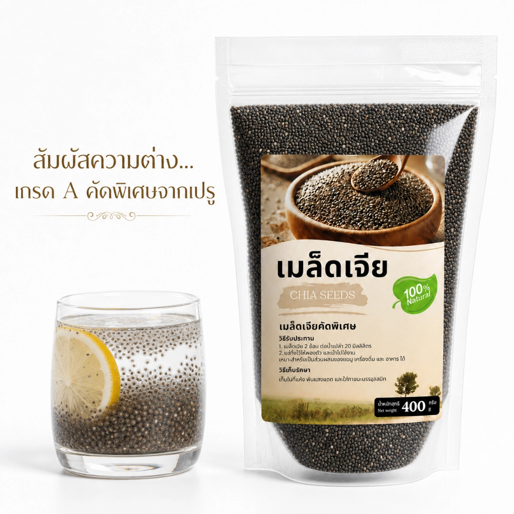 เมล็ดเจีย เกรด A คัดพิเศษ 400 กรัม | อิ่มนาน | โอเมก้า 3 เส้นใยสูง ไฟเบอร์ | Chia Seeds 100% Natural