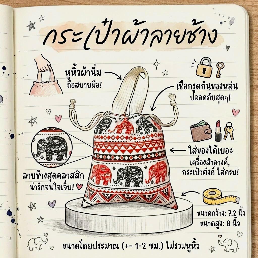 ราคาเดิมทักแชท 🦣กระเป๋าหูหิ้วมีเชือกรูด 🐘(คละสี ,ผ้าลายช้าง)  ขนาด 7.2×8 นิ้ว ของชําร่วยไทยๆ ของฝาก ของแจก