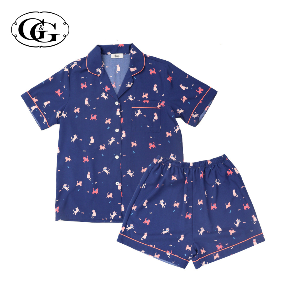G&G ชุดนอน เสื้อแขนสั้นคอปก กางเกงขาสั้น ผ้าโพลีเอสเตอร์ Neko Collection EN1P013