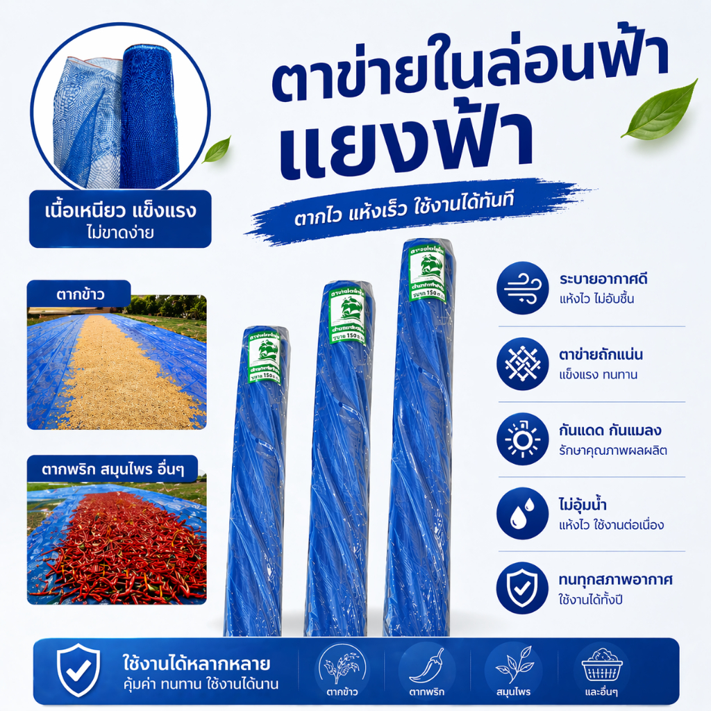 ตาข่ายฟ้า ไนล่อนสีฟ้า แย้งเขียว 90 ซม. 120 ซม. 150 ซม x ยาว 15 หลา คุณภาพดี ทนทาน ใช้งานได้หลากหลาย