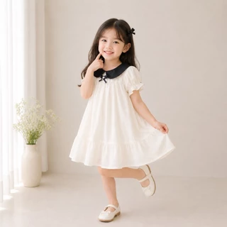 Hania kids พร้อมส่ง - เดรสเด็กผู้หญิงสีขาว คอปกดำ แขนพอง สไตล์คุณหนู น่ารัก ใส่ออกงาน - K5125720