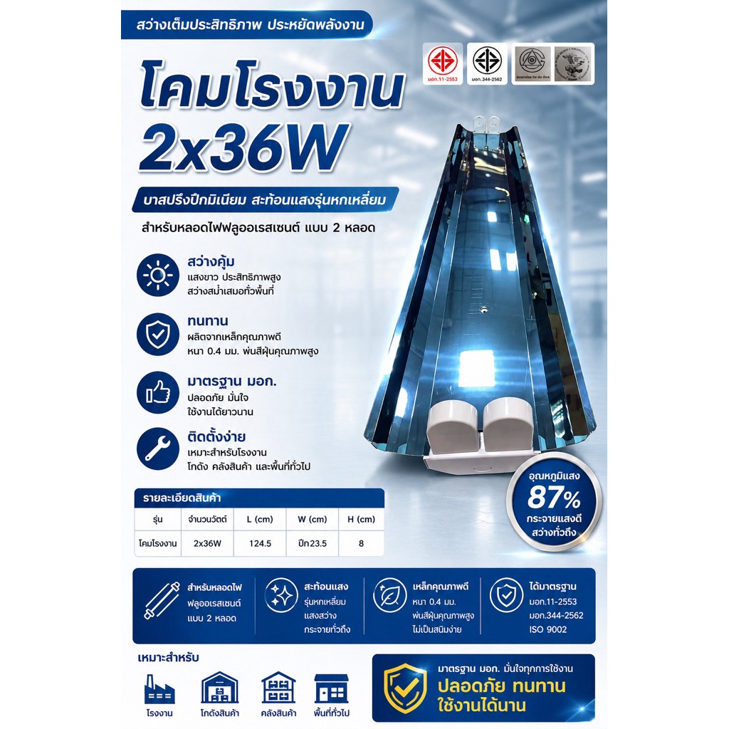 โคมโรงงาน 2x36w.ขั้วสปริง รุ่นหกเหลี่ยมหน้าอลูมิเนียมนอกสะท้อนแสง87%(สำหรับใส่หลอดยาว)